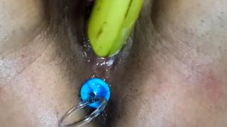 Amateur Milf Squirting fucking a Banana with Anal Beads