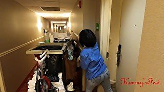 Cock flashing real hotel maid films me jerking off and gives me a pussy rubbing cameltoe job