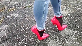 DGB07 - SISSY PUBLIC RED HIGH HEELS - RED HIGH HEELS - SISSY