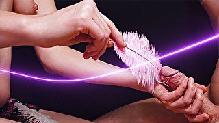 Girl tickled boyfriend with a fluffy feather