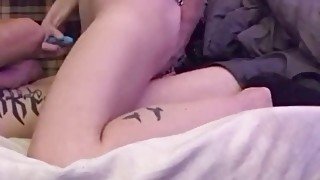 Fucks him Cowgirl anal and pussy play with vibrator while he's asleep