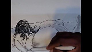 Putting just the tip in her juicy fat pussy drawing