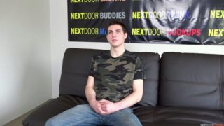 Shy-looking brunette Kristopher Nixon jerks his dick