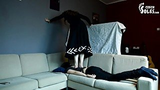 Light trampling on her submissive boyfriend (foot crushing, foot worship, sexy feet, czech soles)