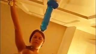 Soaking wet pussy leaks on wall mounted dildo. Amateur orgasm