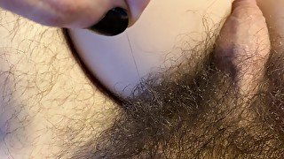 An extra look - Showing off my ridiculously long pubic hair while my flaccid uncut dick waits between silicone tits (sex toy)