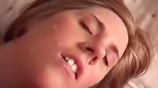 Cute blonde teen GF gives intensive blowjob and her fella cums on her