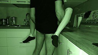 The neighbor's husband is asleep and we fuck quickly in the kitchen BLACK SOCKS, NIGHT VISION