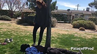 Tall Friend Jumping And Stomping Trample At The Park