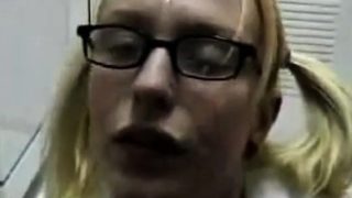 Buck teeth schoolgirl in glasses begs for facial, eats cum.