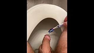 Sitting them to piss using toothbrush hard to reach places stepmom bathroom stepsister