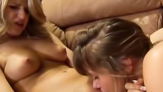 Squirting brunette licks her tasty friend while roughly getting fucked on the couch