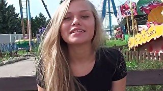 Pretty bootylicious blondie seduces a man and sucks his dick in the park