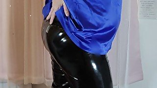 Hot crossdresser in satin blouse and pvc leggings