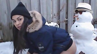 College chick sucks and fucks a snowman