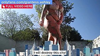 Sexy giantess Ashley destroys a city looking for her boyfriend (SFX)