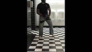 masked tattooed barefoot guy in torn jeans cums in public bathroom