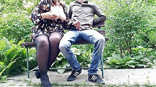 The adventures of a dirty milf in pantyhose in the park on a bench