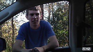 Blue T-shirt Twink Sucking Cock In The Car