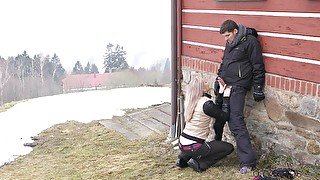 Outdoors dick sucking leads to hardcore fucking in the hotel room