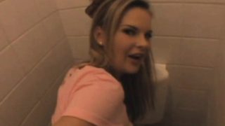 Blonde Taking Cumshot Facial In Public Bathroom Stall