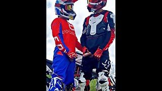 Hot motocross boys cum near motorcycle