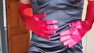 Red satin gloves ️and tight black satin dress