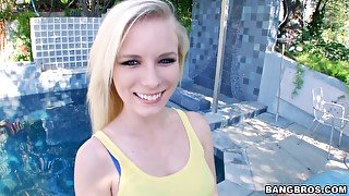 Small tits chick Elaina Raye drops on her knees to please a dick