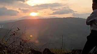 Outdoor fuck standing in front of a very intense red sunrise