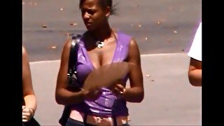 Candid boobs: slim busty black women (purple brown tops) 4