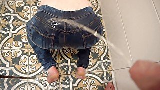 Desperate pee in jeans next he pee on my ass