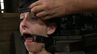 Slender brunette chick gets her nose holes stretched with metal hooks