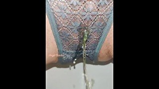 Yellow Pee in Grey lace panties close up