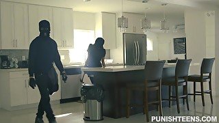 Brunette teen Arya Faye roughly fucked doggystyle by brutal burglar