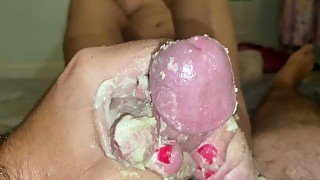 Baked a cake just rub on my cock with her feet until I cum