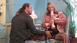 Slutty blonde teasing cunt with monster dildo