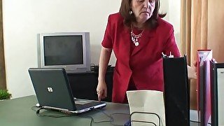 Office mature woman swallows two cocks at once