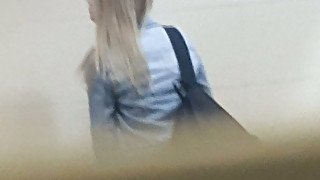 Hot white blonde teen spied in the public restroom and filmed