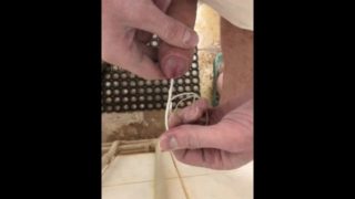 urethral plug at public shower, phone cable in bladder, pee and cum