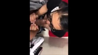 Beautiful black girl glass sucks dick black lipstick facial