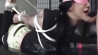 Asian whore blindfolded gagged and used as a cum dumpster