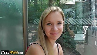 Sweet blonde babe is having hot sex in a public place, with a horny stranger