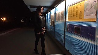 Crossdresser exposing at tram station