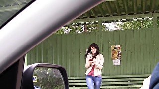 Lovely brunette is being fucked by two strangers outdoors