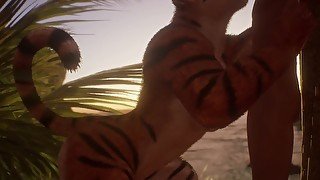 Female Tiger Orgasm / Squeezes His Dick (Cum Inside)  Wild Life Furry