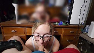 FULL VIDS on Onlyfans! Blowing under the desk + Blue Lingerie Masturbation.