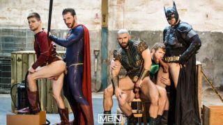 Brandon Cody, Johnny Rapid, and others in a DCEU-themed gay orgy