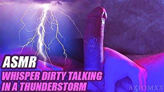 (ASMR) Dirty talk whispering with rainy thunderstorm, huge cumshot / male solo JOI jerking off porn