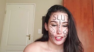 Self degrading slut gags herself and self face slapping with dirty talk