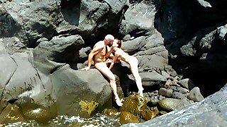 Exhibitionist caught by blonde girl, having great sex on the seashore